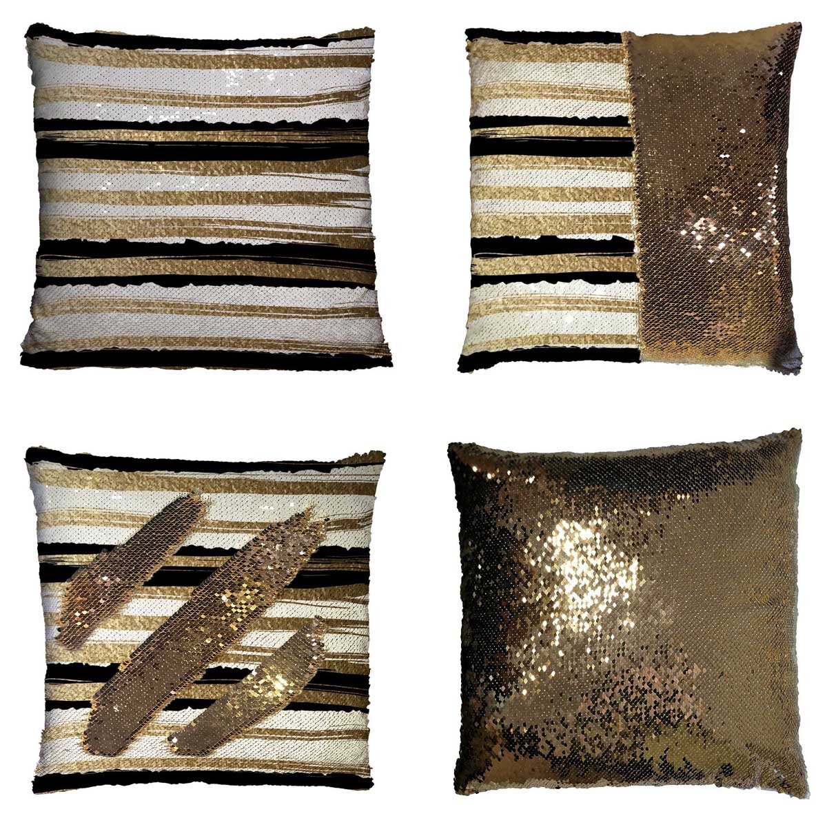 Gold Paints Black Ink Create Abstract Striped Pattern Mermaid Sequin Pillow Cushion Case